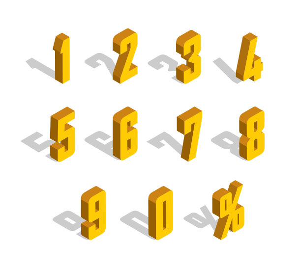 3D黄-金金属等距字母。0,1,2,3,4,5,6,7,8,9数字字母表。向量孤立的数量。图片下载