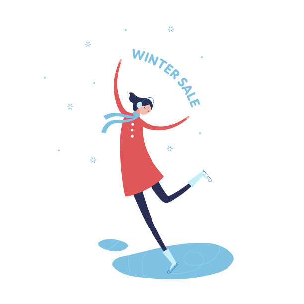 矢量平圣诞销售人员插画。可爱的女性穿着红色外套，围巾和耳机与冬季销售文字舞蹈在雪的背景。设计元素的旗帜，海报，贺卡，网页图片下载