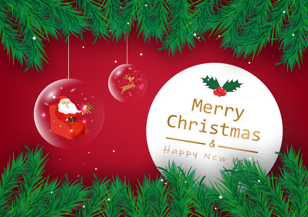 圣诞快乐新年好，松树装饰着光面球、圣诞老人和驯鹿，节日贺卡背景矢量素材图片下载
