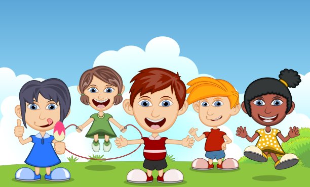 孩子们在公园里玩滑板、篮球、跳绳、足球的卡通图片下载