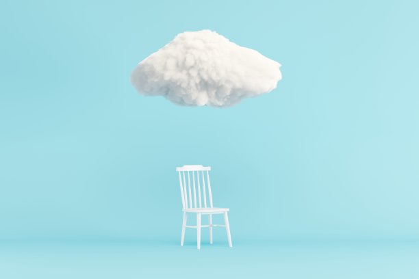 蓝色背景的白色椅子上飘浮着云朵。最小的思想概念。3 d渲染。图片下载