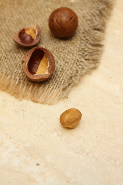 澳洲坚果放在粗麻布上。图片下载