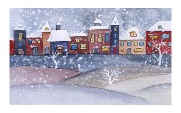 冬天的卡片上有城市的房子和雪。图片下载