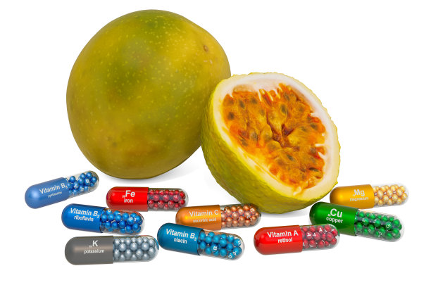 百香果的维生素和矿物质，3D渲染孤立的白色背景图片下载