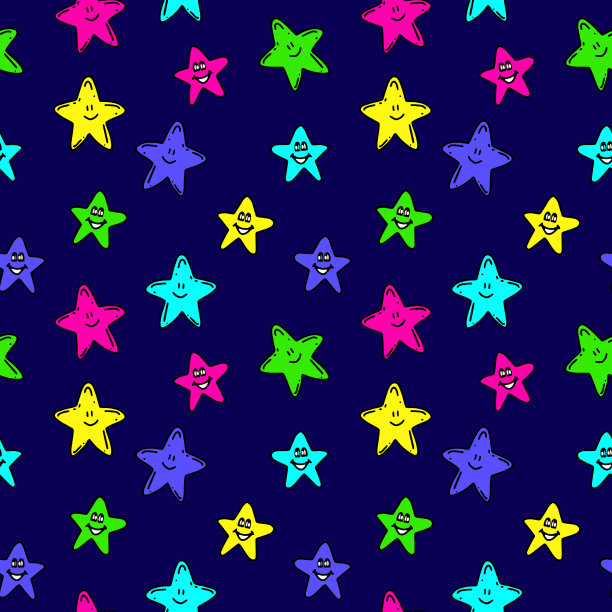 无缝模式。绿色，蓝色，粉红色和黄色的星星在黑暗的背景上。抽象童星图案的圣诞卡，新年邀请，婚礼相册，书，剪贴簿，纺织面料，服装，t恤图片下载