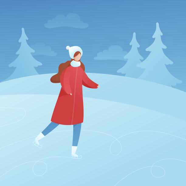 矢量平面寒假活动人物插画。在自然森林背景的红色服装的女人溜冰。设计元素为横幅，海报，卡片，网页图片下载