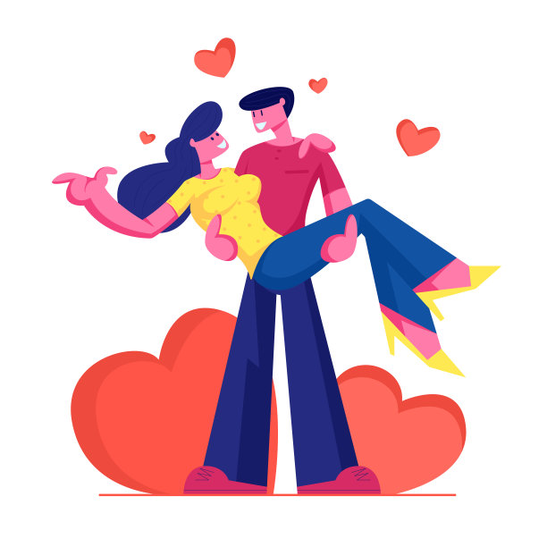相爱的夫妻和浪漫的关系。男人牵着女人的手，红心环绕。情人节约会快乐，生活方式。爱的感觉，浪漫的情绪。卡通平面矢量插图图片下载