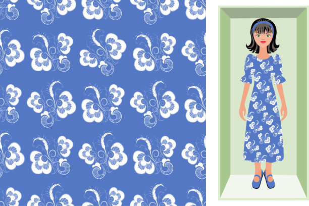 矢量无缝模式与白色笔画模式。布料，墙纸，包装纸。卡通的褐发娃娃在一个纸板箱里穿着睡衣有一个白色的鸟在蓝色的天空背景的图片图片下载