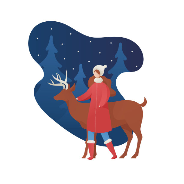 矢量平面寒假活动人物插画。女性在红色服装和驯鹿动物在夜间森林背景。圣诞节，新年的概念。设计元素的旗帜，海报，卡片，网页图片下载