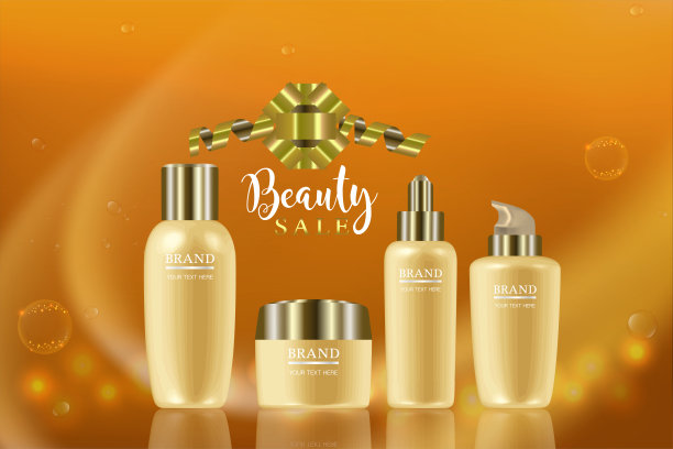 美容产品广告设计，黄金化妆品容器与假日概念广告背景准备使用，奢侈护肤横幅，插图图片下载