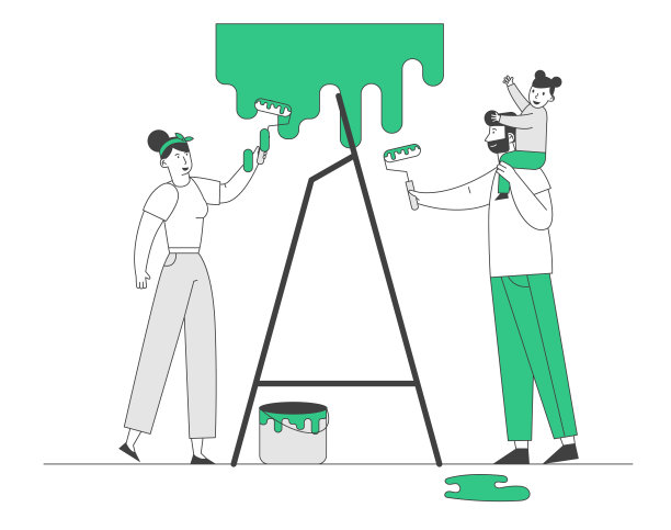 年轻的家庭在家修理。快乐的爸爸、妈妈和小女儿用油漆滚筒给墙壁上色。设计和装修房子室内卡通平面矢量插图，线条艺术的概念图片下载