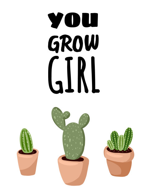 你成长的女孩明信片。盆栽肉质仙人掌植株。舒适lagom斯堪的纳维亚风格的海报。简约的hygge设计图片下载