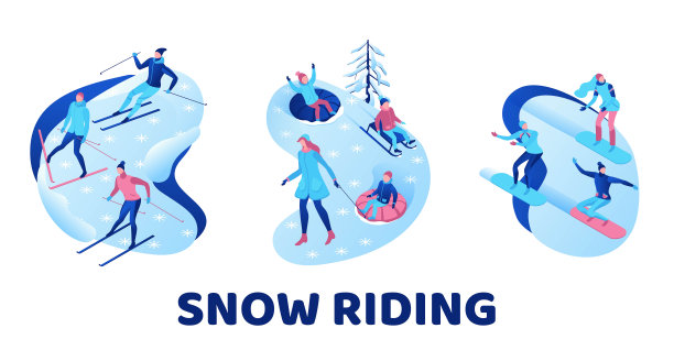 雪上骑行插画集，等角人在滑雪板上，3d冬季矢量运动男子滑雪板，在山上骑，滑雪，管，雪橇，简单的户外游戏，卡通人物，用户体验设计图片下载