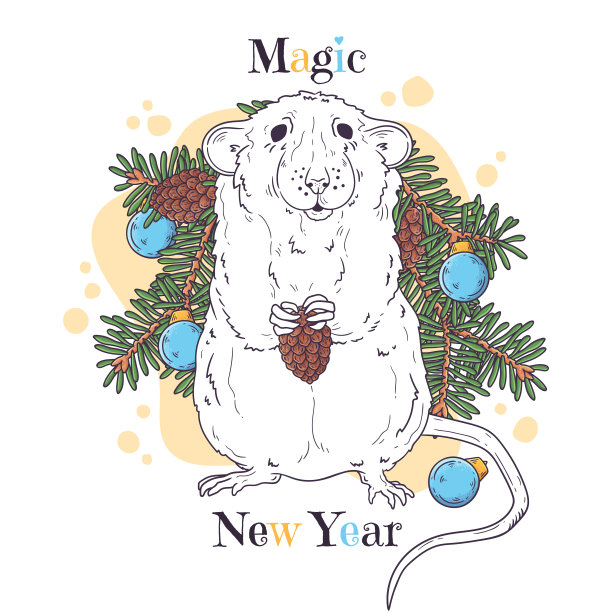 手绘肖像的老鼠在圣诞节配件矢量。图片下载