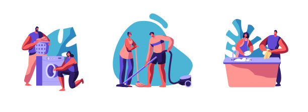 家庭家庭活动设置。家庭夫妇吸尘地板，在洗衣机洗衣服和洗碗在厨房。家务每天例行的家务。卡通平面矢量插图图片下载