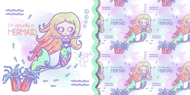 可爱的无缝图案与美人鱼和水母。蓝绿色和珊瑚色。向量儿童背景。适用于t恤、织物、纺织品、墙纸等印花。素材图片