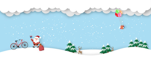 圣诞快乐和新年贺卡的背景与圣诞老人和自行车与气球和礼物盒剪纸风格-矢量插图。图片下载