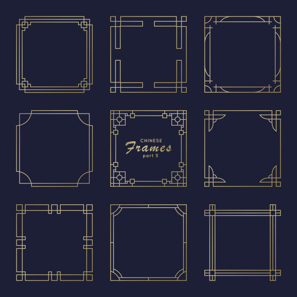 亚洲方形框架设置在复古风格。为您设计的中国传统装饰品。向量金色日本图案。艺术作品的图形图片下载