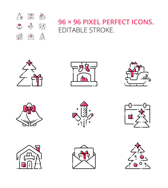 平安夜和新年的图标和象形图集图片下载