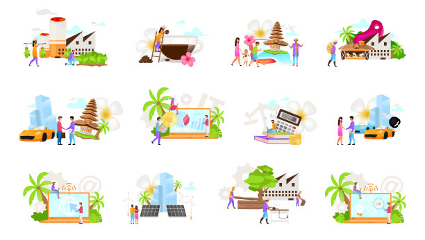 印度尼西亚商业平面矢量插图集。咖啡,烟草生产。木材行业。汽车租赁,租赁。旅游业。替代能量。税务顾问。孤立的卡通的概念图片下载