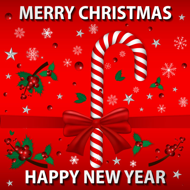 现实圣诞甜甘蔗，圣诞树叶和浆果，雪花，新年快乐和圣诞假期庆祝矢量插图。红蝴蝶结和丝带，祝福贺卡，传单，派对。卡通背景模板图片下载