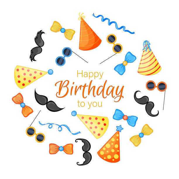 彩色派对的项目设置在一个白色的背景。庆祝活动&生日快乐。五彩缤纷的。向量。图片下载