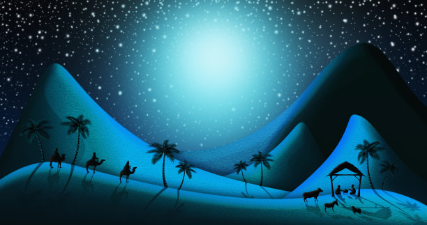 三贤士在马槽插图中遇见小耶稣的圣诞场景图片下载