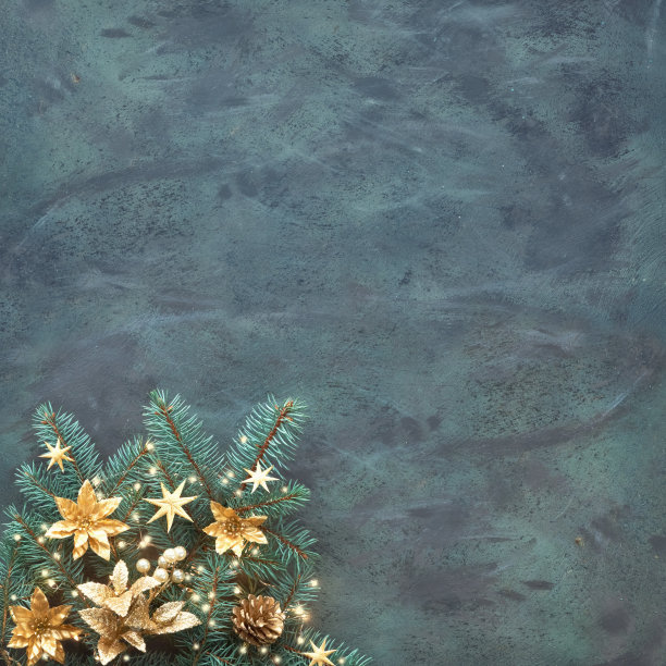 圣诞节或新年的全景背景与冷杉树枝装饰的黄金小饰品，鲜花，松果和圣诞灯在抽象的黑色纹理背景。方形构图，复制空间。图片下载