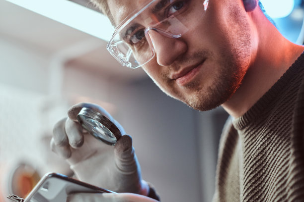特写照片的电子技术人员在护目镜拿着放大镜，看着相机图片下载
