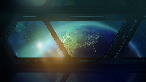 宇宙飞船舷窗中的地球，3D渲染图片下载