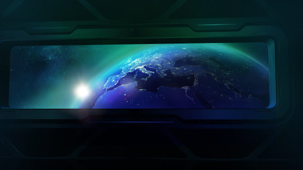 宇宙飞船舷窗中的地球，3D渲染图片下载