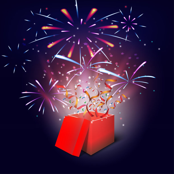 礼盒打开，以五彩缤纷的烟花为背景庆祝图片下载