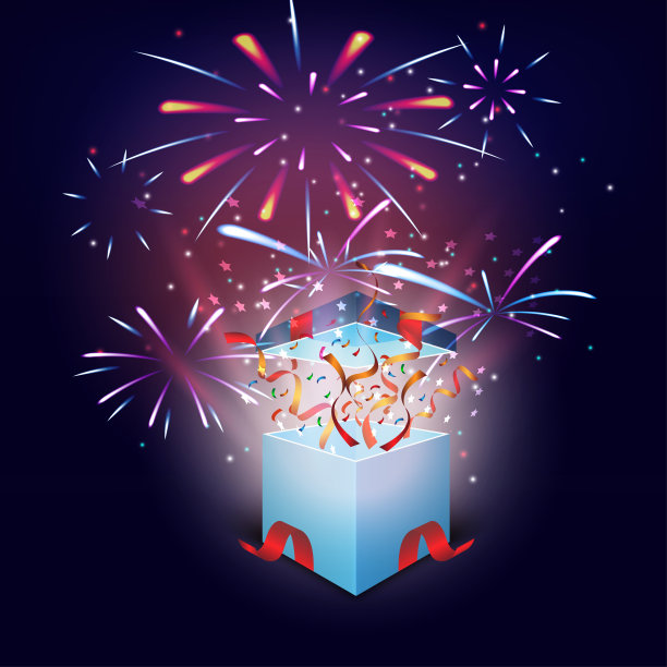 礼盒打开，以五彩缤纷的烟花为背景庆祝图片下载