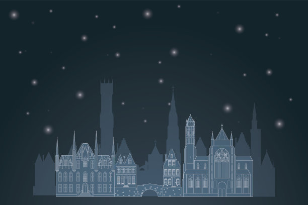 矢量插图的布鲁日镇在冬季夜晚的天空背景。图片下载
