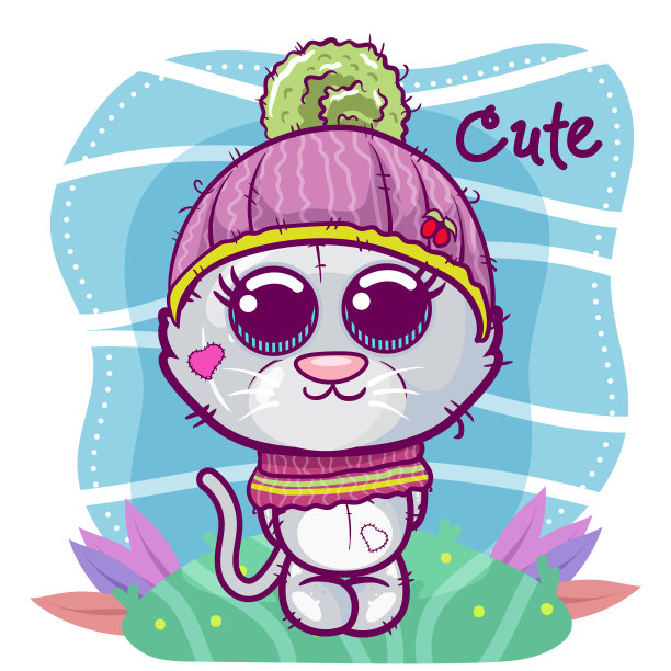 可爱的卡通小猫在一个蓝色的背景-向量图片下载