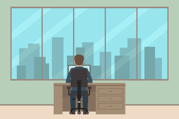 一个白人坐在桌边工作。后视图。矢量图图片下载