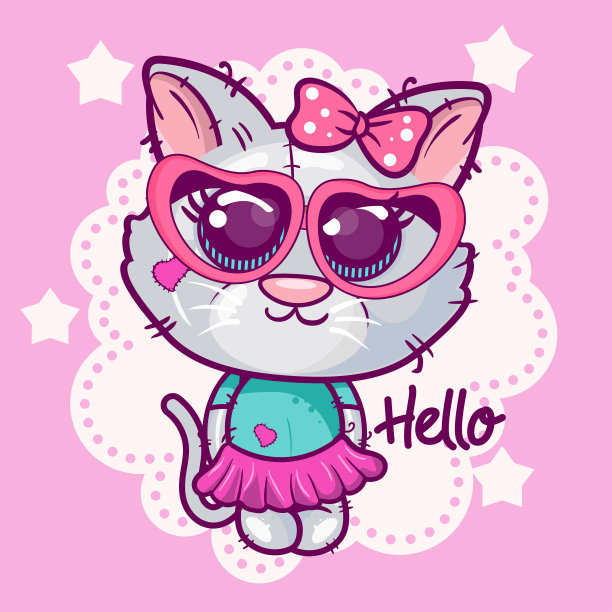 可爱的卡通小猫在粉红色的背景-向量图片下载