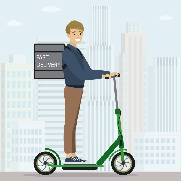 卡通白人送货员骑着电动车。平直风格的快递男性格图片下载