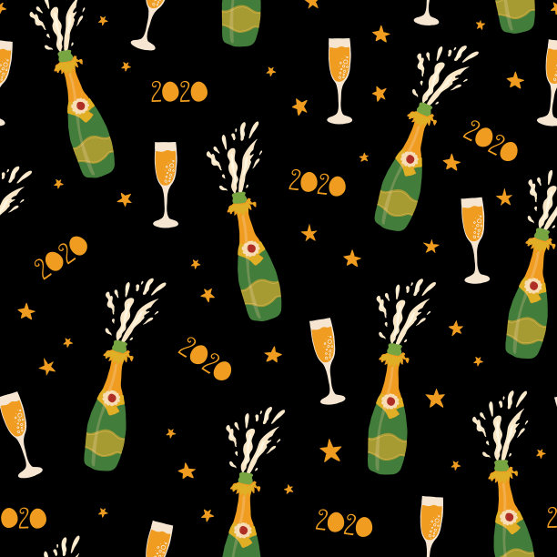 2020年香槟酒酒瓶跨年夜庆祝无缝矢量模式。重复的新年派对背景与酒瓶，起泡的葡萄酒杯长笛。用于聚会邀请，卡片，海报图片下载