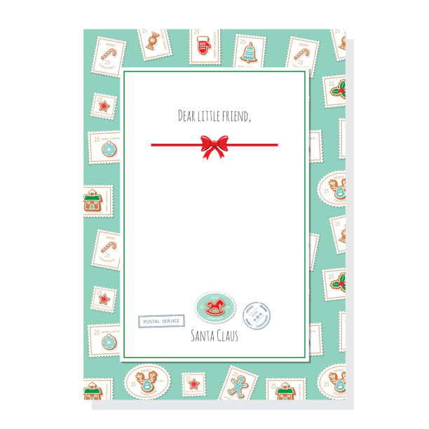 圣诞老人的圣诞信模板A4。图案与节日邮票是满剪贴面具。向量图片下载