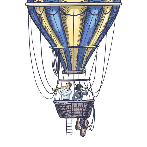 两个戴着望远镜的人在气球筐里图片下载