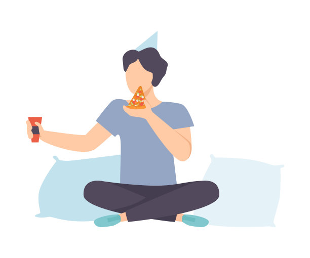 年轻人在派对帽子与披萨和葡萄酒杯坐矢量插图图片下载