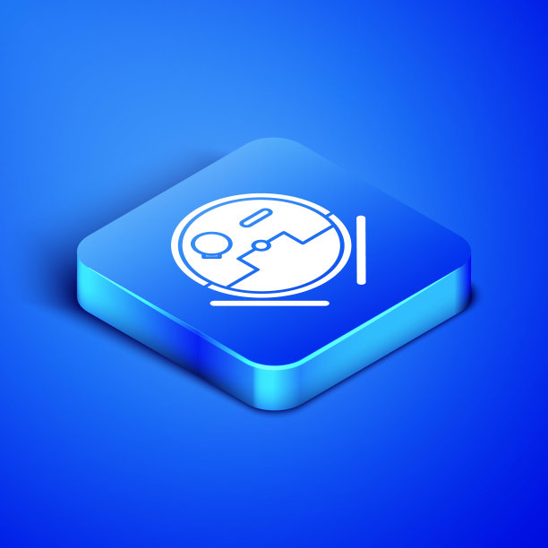 机器人真空吸尘器图标隔离在蓝色背景。家用智能电器自动吸尘，数码家居清洁装置。蓝色方块按钮。矢量图图片下载