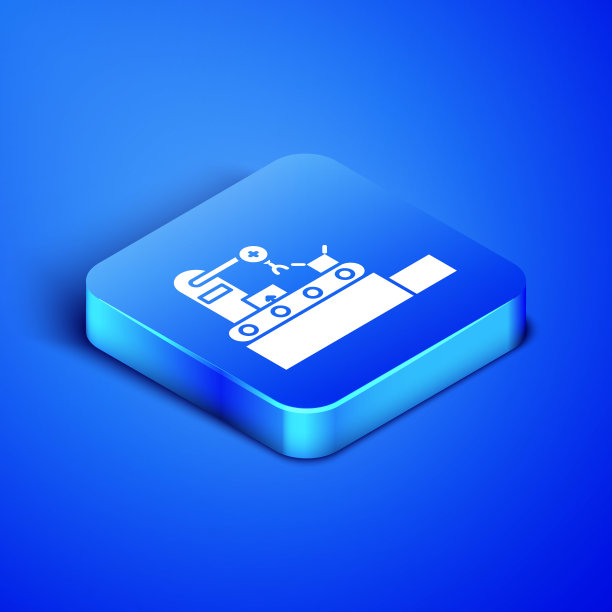 等距工厂输送系统带与纸箱工程机器图标隔离在蓝色背景。机器人产业的概念。蓝色方块按钮。矢量图图片下载