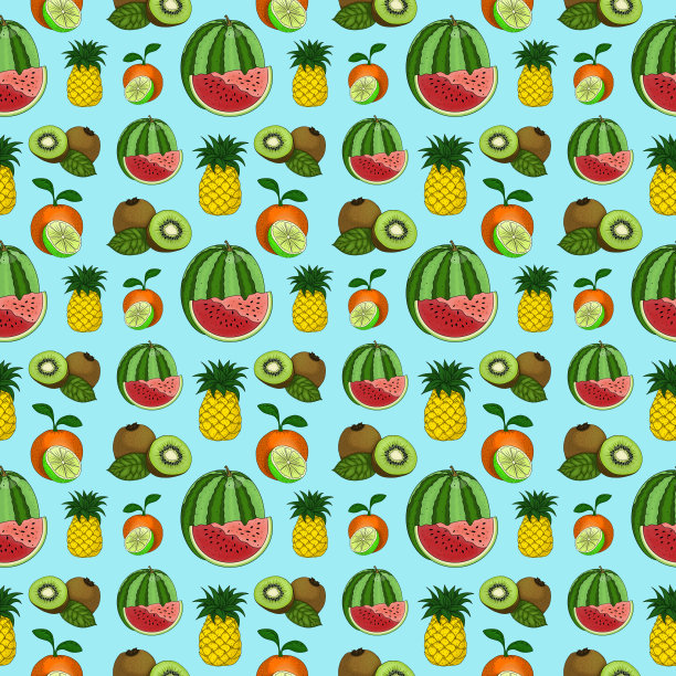 无缝图案与卡通手绘水果:菠萝，橙子，西瓜和猕猴桃在蓝色绿松石背景。图片下载