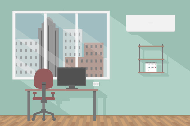 空房间，有桌子，椅子和电脑。矢量图图片下载