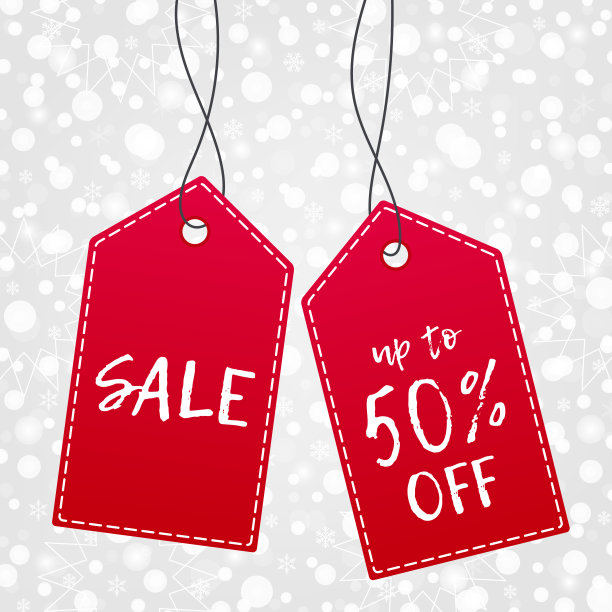 购物标签出售高达50%。矢量图标与雪模式。雪花的背景。冬季插画标志图片下载