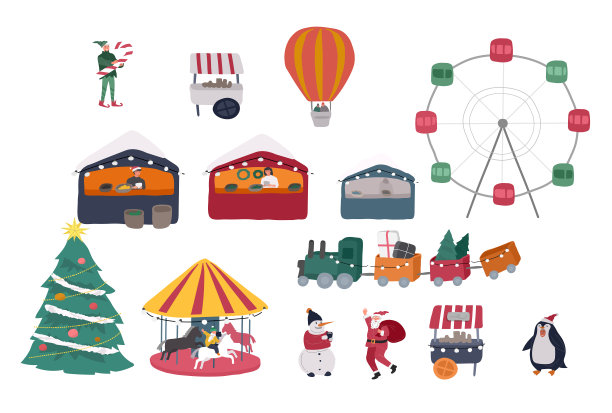 圣诞节户外集市或城市广场上的街市。商人和顾客是卡通人物，人们在装饰好的摊位或售货亭之间走动。新年假期图片下载