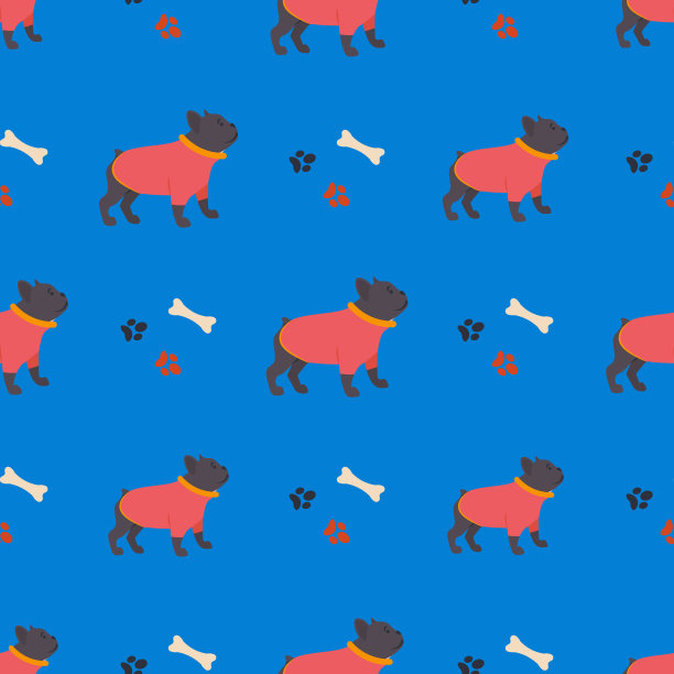 无缝图案与搞笑卡通风格的法国斗牛犬图标。图片下载