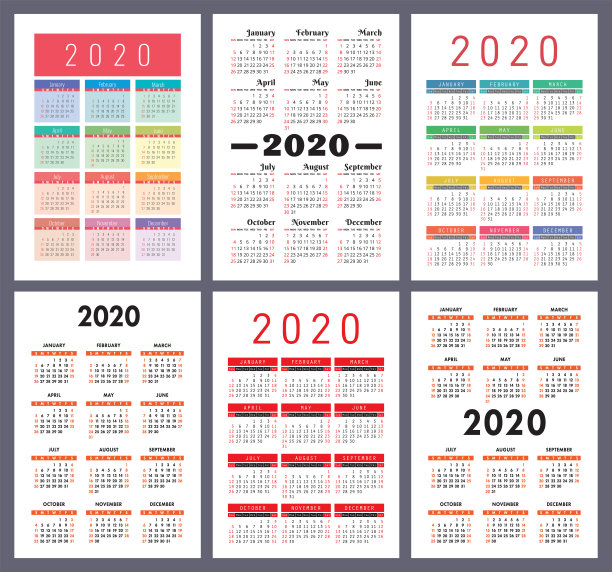 日历2020年。向量模板集。彩色英语袖珍日历收藏。一周从周日开始素材图片